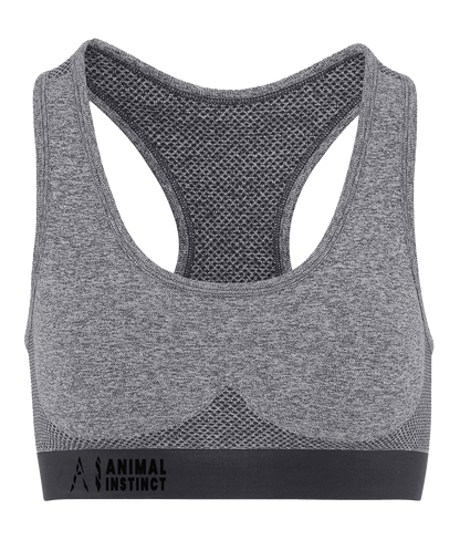 Womens Athletic Seamless Sports Bra with Black AI logo on the left of bottom strap with Animal instinct