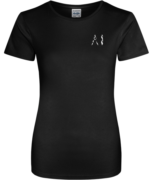 Womens black Athletic Sports Shirt with White AI logo on left breast