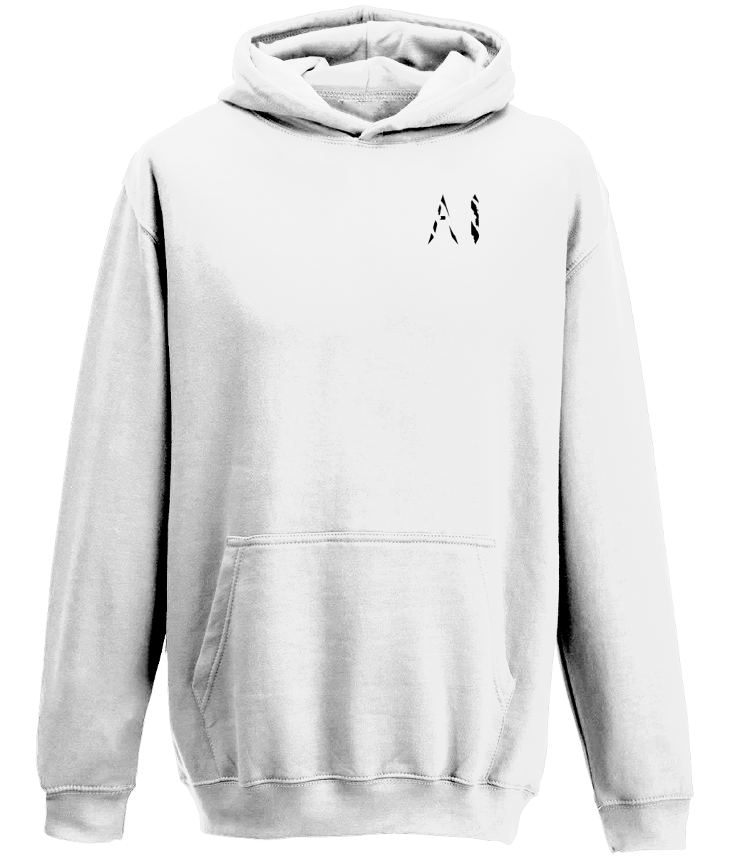 Kids White Casual Hoodie with black AI logo on the left chest