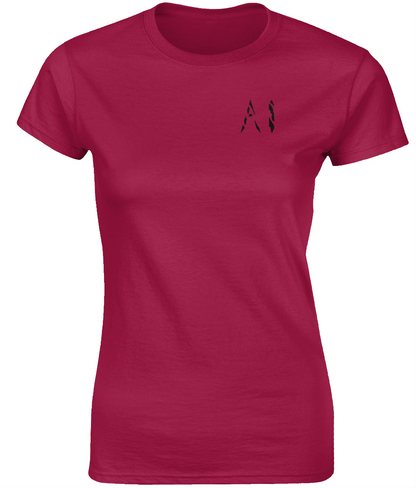 Womens dark pink Fitted Ringspun T-Shirt with black AI logo on left breast