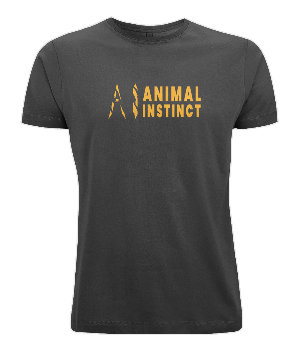 Mens charcoal Graphic Animal Instinct T-Shirt with Premium gold AI logo and Animal Instinct written in premium gold Across the middle of the chest