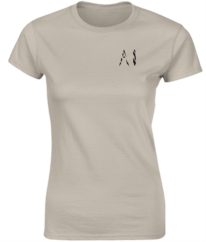 Womens cream Fitted Ringspun T-Shirt with black AI logo on left breast