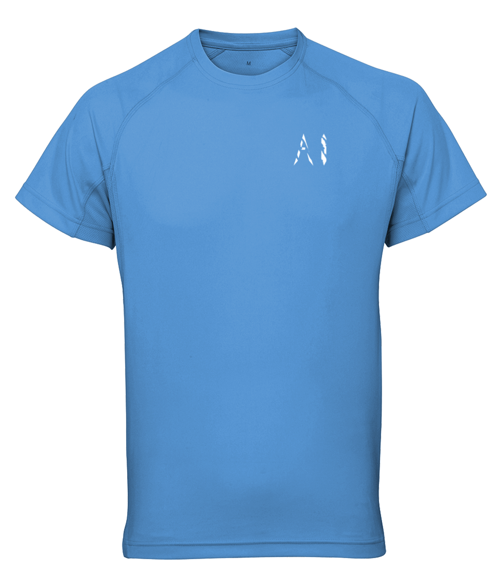 Mens cyan Athletic Performance Top with White AI logo on the left chest