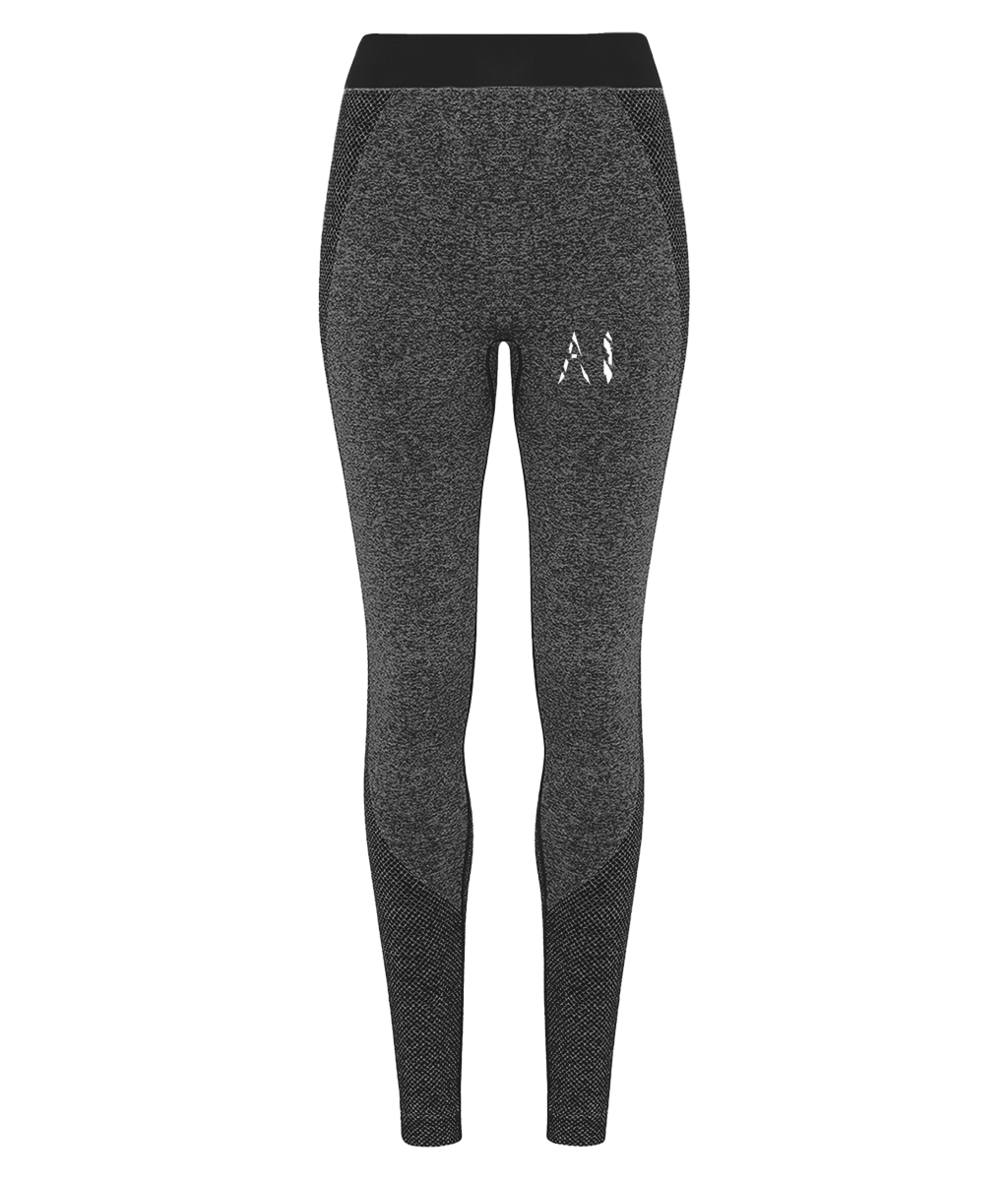 Womens black Athletic Seamless Sports Leggings with white AI logo on upper thigh