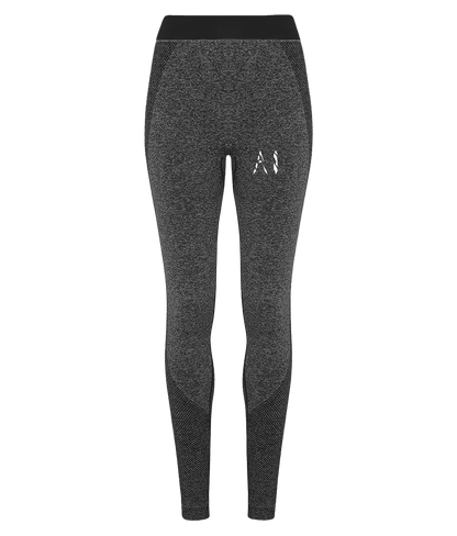 Womens black Athletic Seamless Sports Leggings with white AI logo on upper thigh
