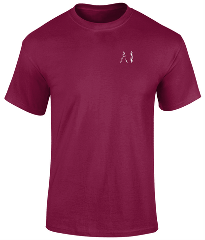 Mens magenta Heavy Cotton T-Shirt with white AI logo on the left chest