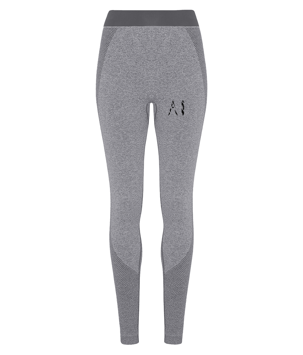 Womens charcoal Athletic Seamless Sports Leggings with black AI logo on upper thigh