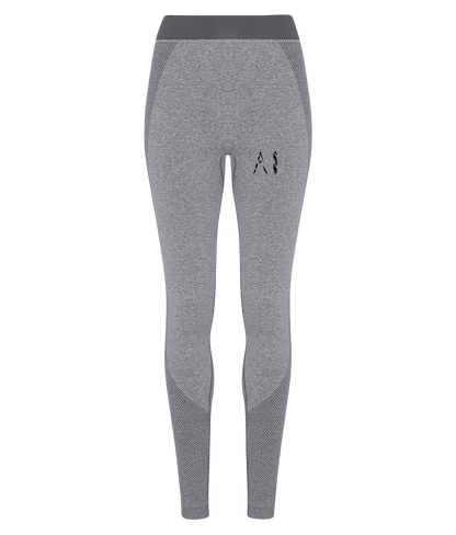 Womens charcoal Athletic Seamless Sports Leggings with black AI logo on upper thigh