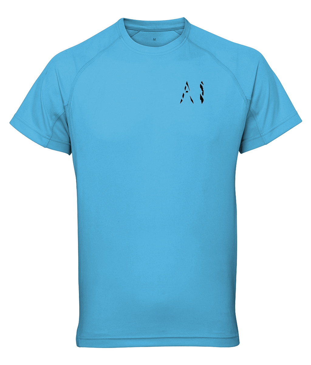 Womens teal blue Athletic Performance Top with black AI logo on left breast