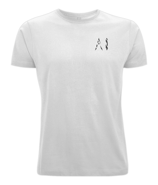 Mens white Oversized Pump Cover T-Shirt with black AI logo on left chest