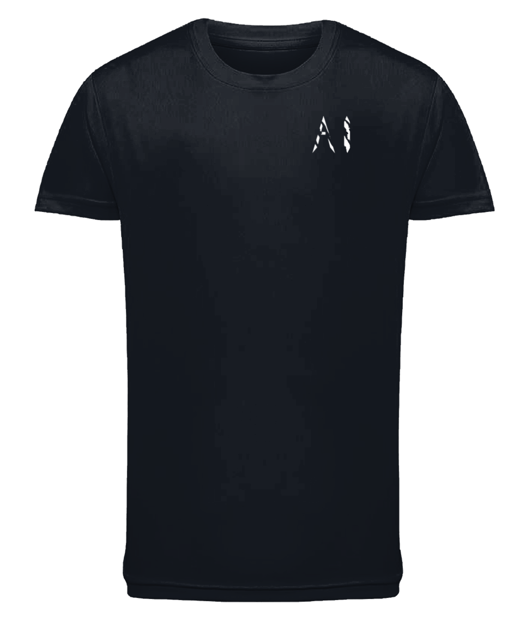 Kids charcoal black Athletic Performance Sports Top with white AI logo on the left chest