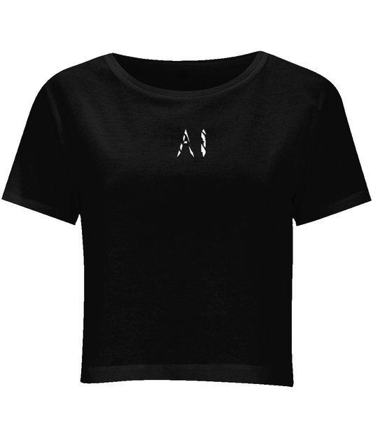 Womens Cropped Tee Black with white AI logo on centre chest