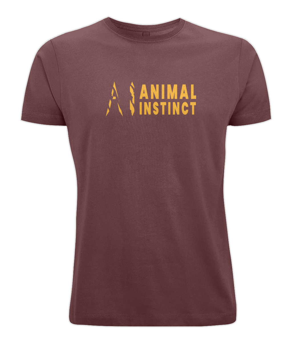 Mens burgundy Graphic Animal Instinct T-Shirt with Premium gold AI logo and Animal Instinct written in premium gold Across the middle of the chest