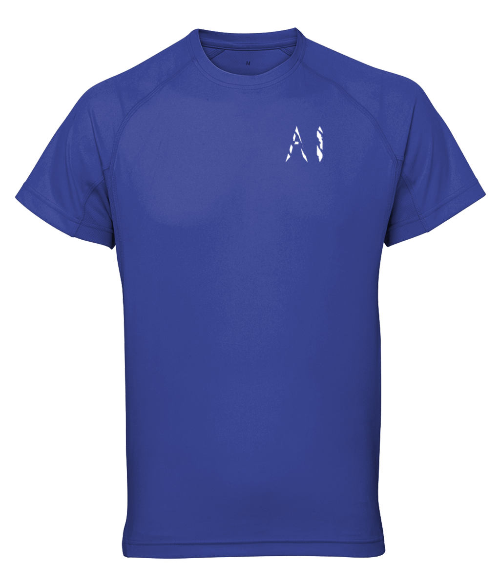 Womens blue Athletic Performance Top with White AI logo on left breast