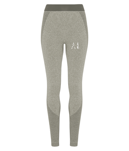 Womens olive beige Athletic Seamless Sports Leggings with White AI logo on upper thigh