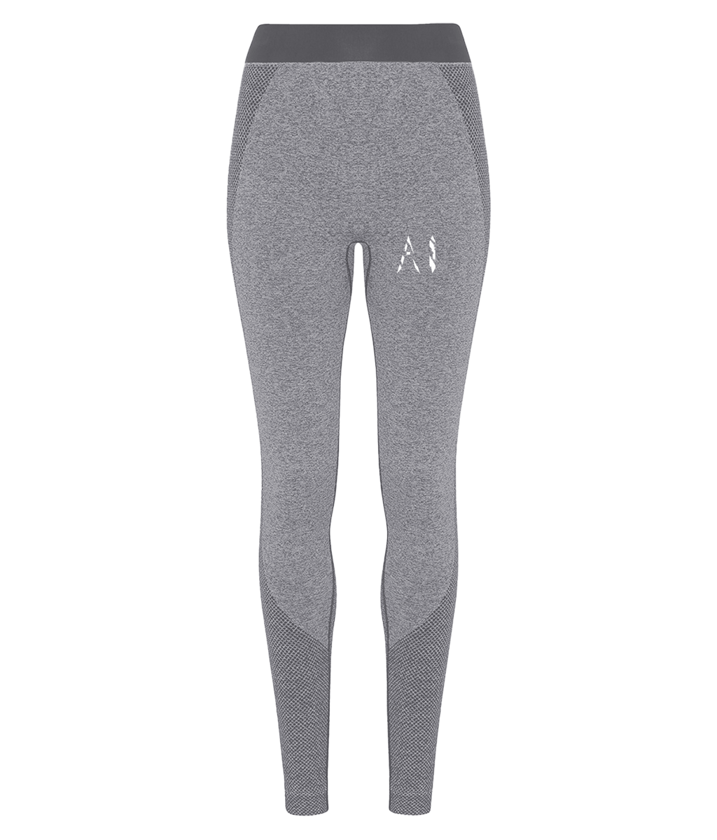 Womens grey Athletic Seamless Sports Leggings with White AI logo on upper thigh