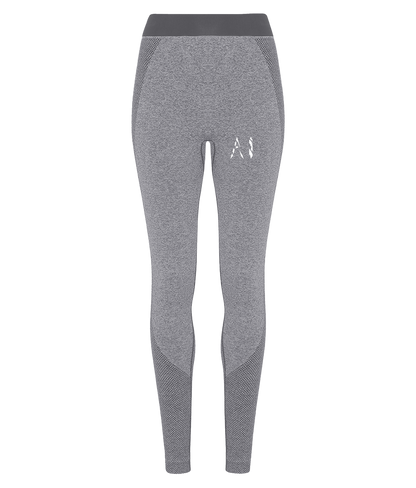 Womens grey Athletic Seamless Sports Leggings with White AI logo on upper thigh