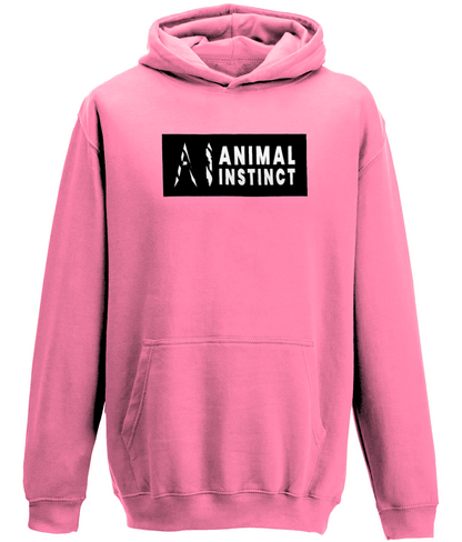AI Clothing Animal Instinct pink Hoodie with Black Box and White Writing with White AI Logo
