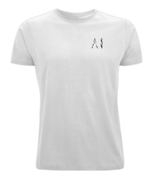 Mens white Light Workout Back Print T-Shirt with black AI logo written on the left chest