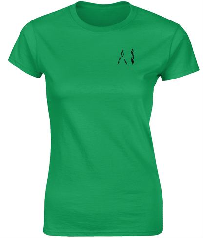 Womens green Fitted Ringspun T-Shirt with black AI logo on left breast