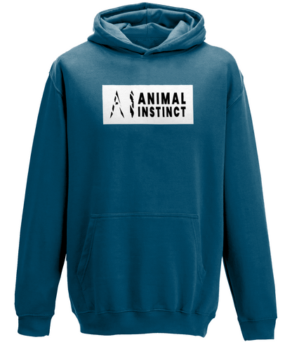 AI Clothing Animal Instinct Dark Blue Hoodie with White Box and Black Writing with Black AI Logo