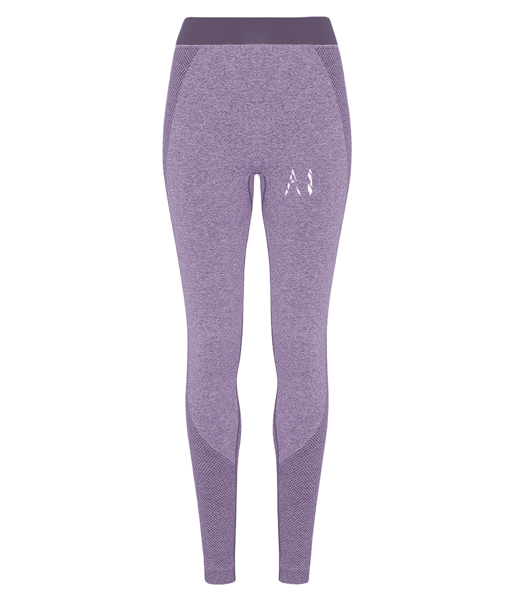 Womens purple Athletic Seamless Sports Leggings with White AI logo on upper thigh