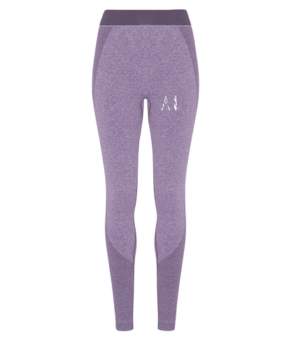 Womens purple Athletic Seamless Sports Leggings with White AI logo on upper thigh