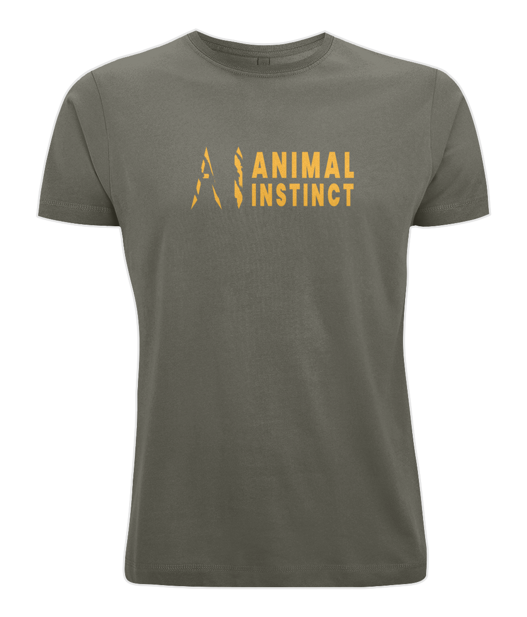 Mens light grey Graphic Animal Instinct T-Shirt with Premium gold AI logo and Animal Instinct written in premium gold Across the middle of the chest