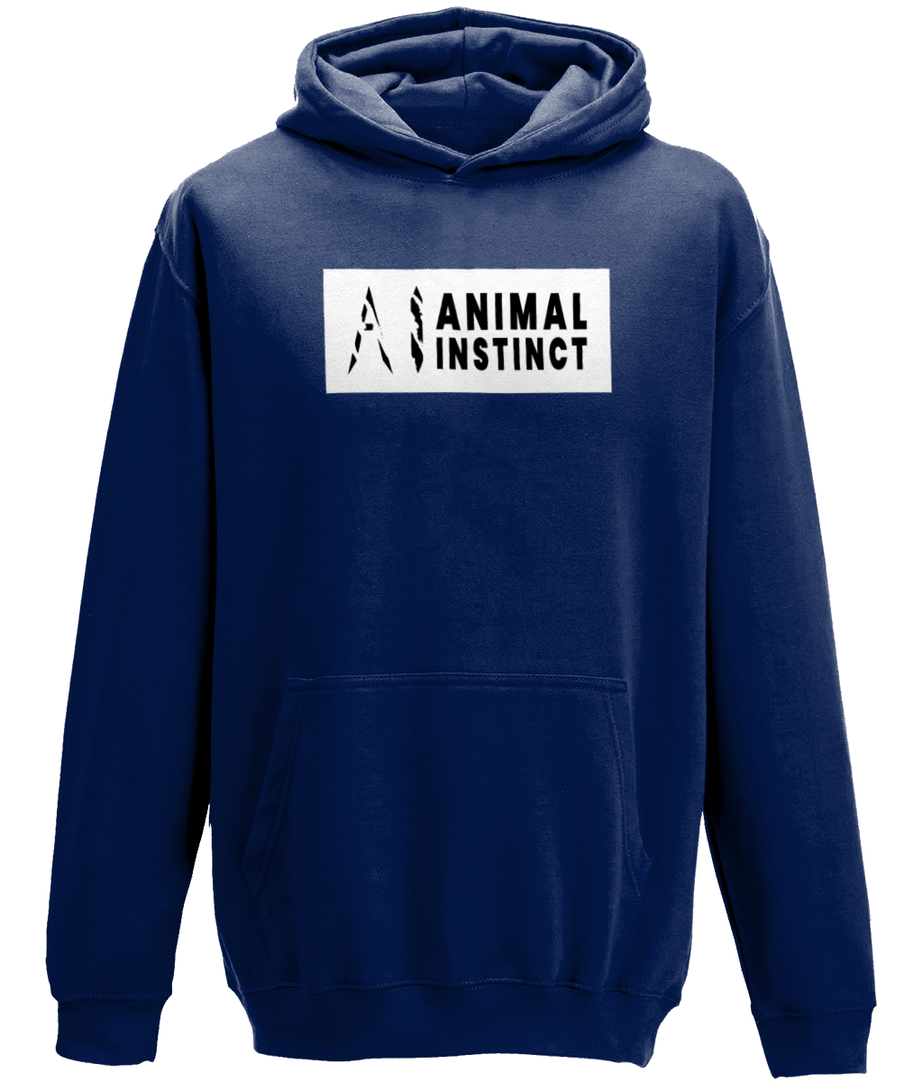 AI Clothing Animal Instinct Dark Blue Hoodie with White Box and Black Writing with Black AI Logo