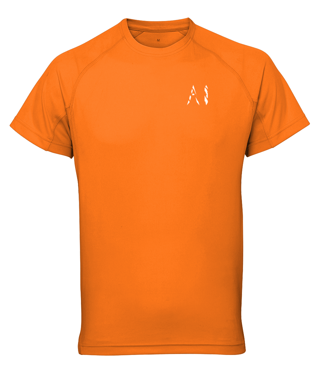 Mens orange Athletic Performance Top with White AI logo on the left chest