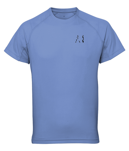 Mens blue grey Athletic Performance Top with black AI logo on the left chest
