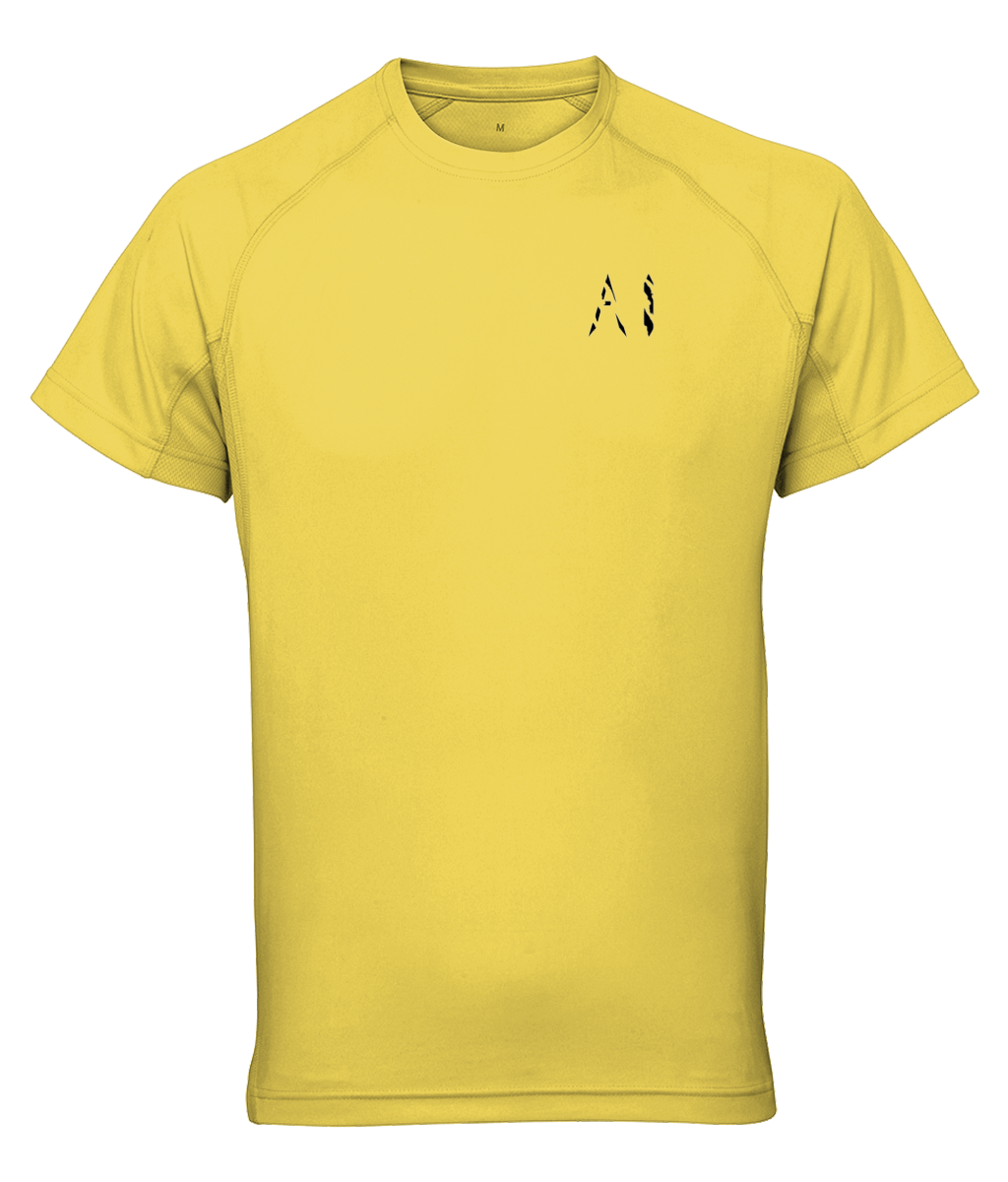 Mens yellow Athletic Performance Top with black AI logo on the left chest
