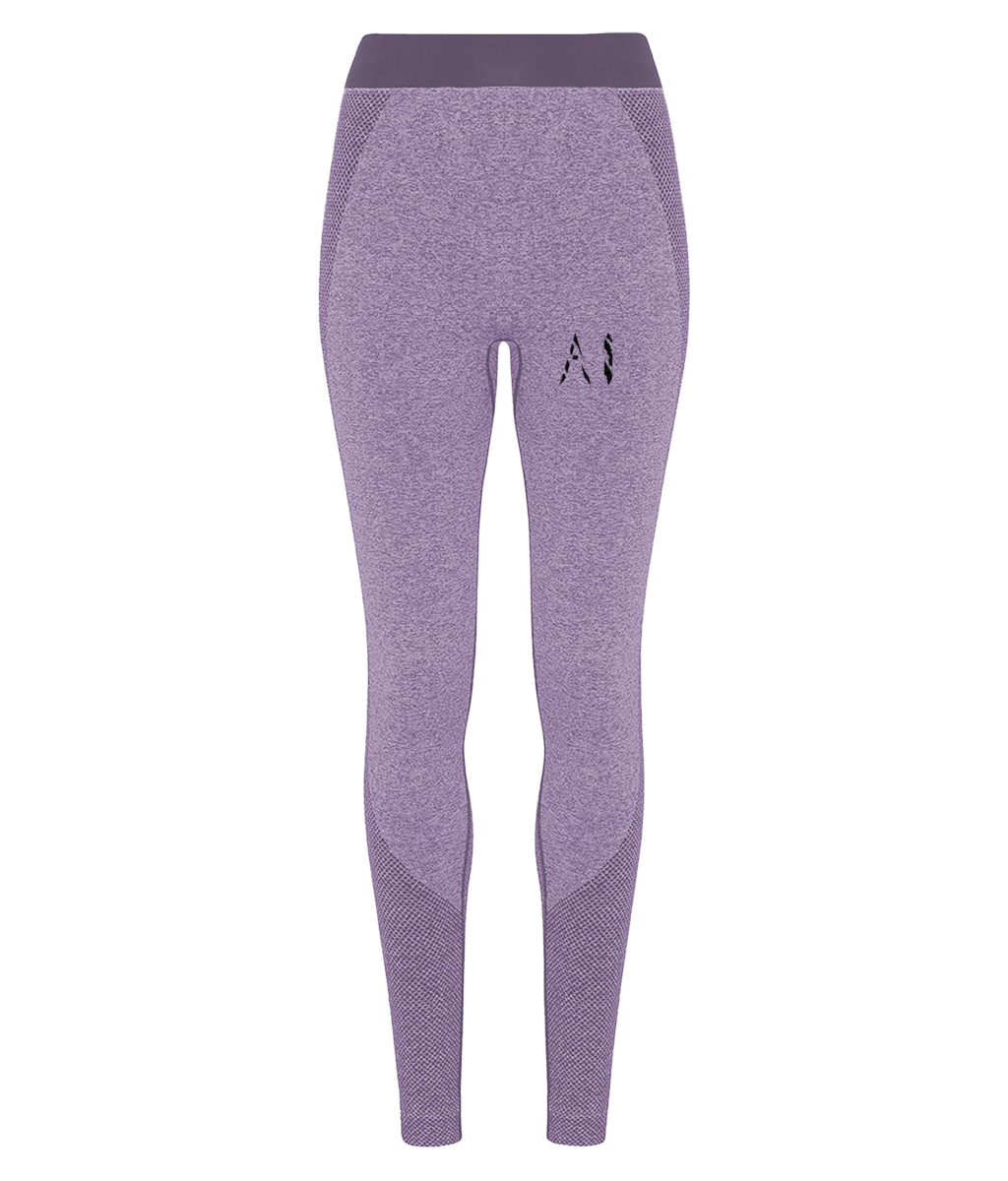 Womens purple Athletic Seamless Sports Leggings with black AI logo on upper thigh