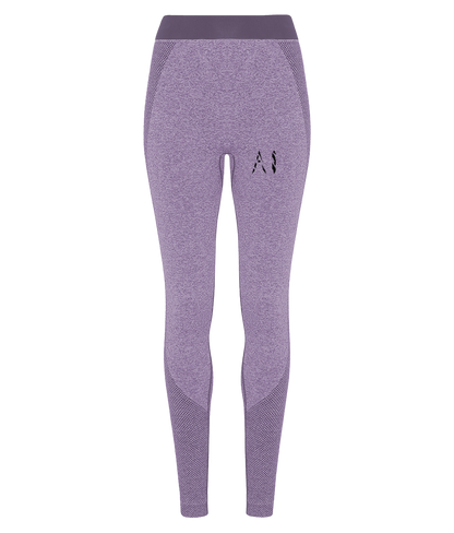 Womens purple Athletic Seamless Sports Leggings with black AI logo on upper thigh