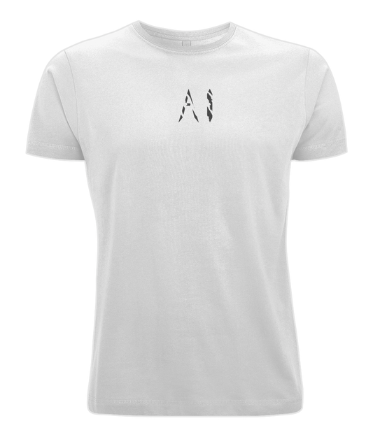 Mens white Oversized Pump Cover T-Shirt with black AI logo on centre chest