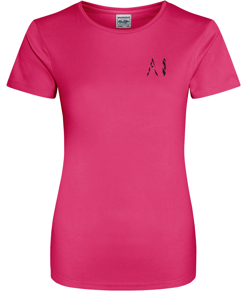 Womens pink magenta Athletic Sports Shirt with black AI logo on left breast