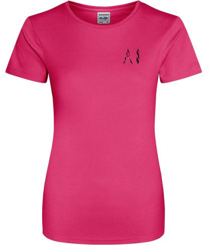 Womens pink magenta Athletic Sports Shirt with black AI logo on left breast