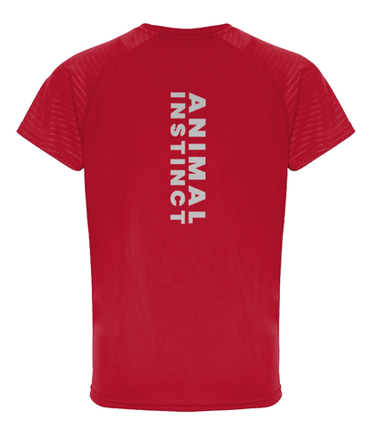 Mens Red Embossed Sleeve Premium T-Shirt with Animal Instinct written in bold vertically down the spine on the back of the shirt
