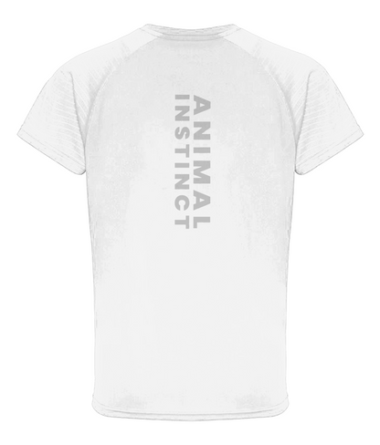 Mens White Embossed Sleeve Premium T-Shirt with Animal Instinct written in bold vertically down the spine on the back of the shirt