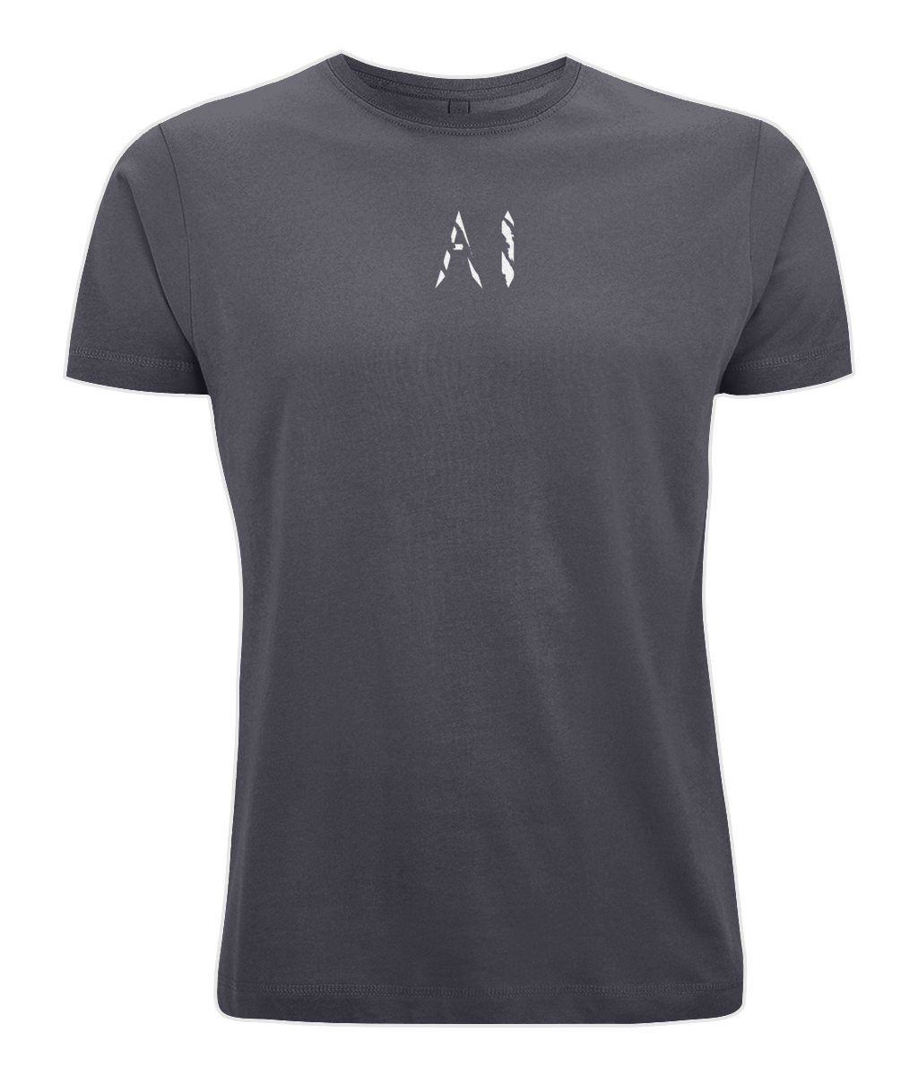 Mens charcoal Oversized Pump Cover T-Shirt with white AI logo on centre chest