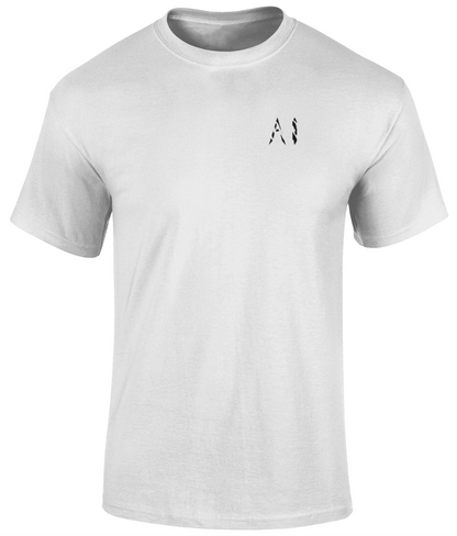 Mens white Heavy Cotton T-Shirt with black AI logo on the left chest