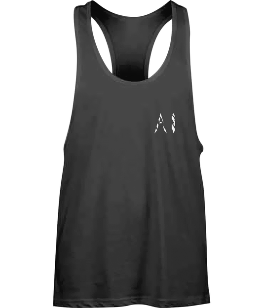 Mens black Workout Muscle Vest with white AI logo written on the left chest