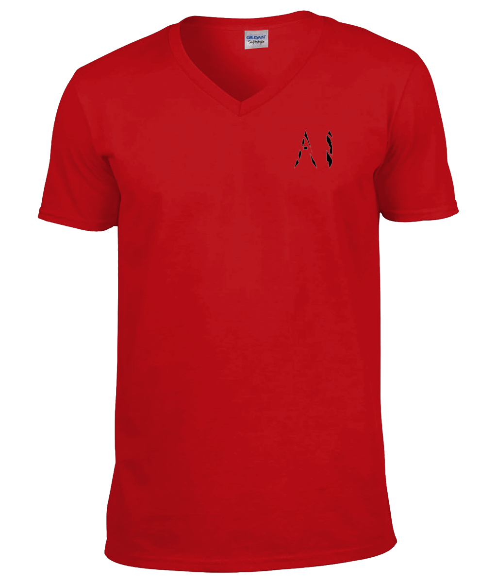 Womens Red Classic V Neck T-Shirt with black AI logo on left breast