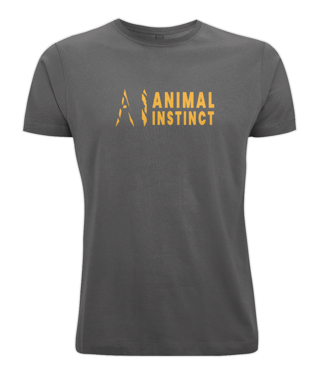 Mens light charcoal Graphic Animal Instinct T-Shirt with Premium gold AI logo and Animal Instinct written in premium gold Across the middle of the chest