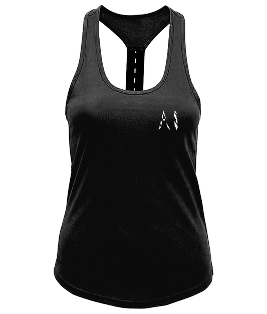 Womens black Workout Performance Strap Back Vest with White AI logo on left breast