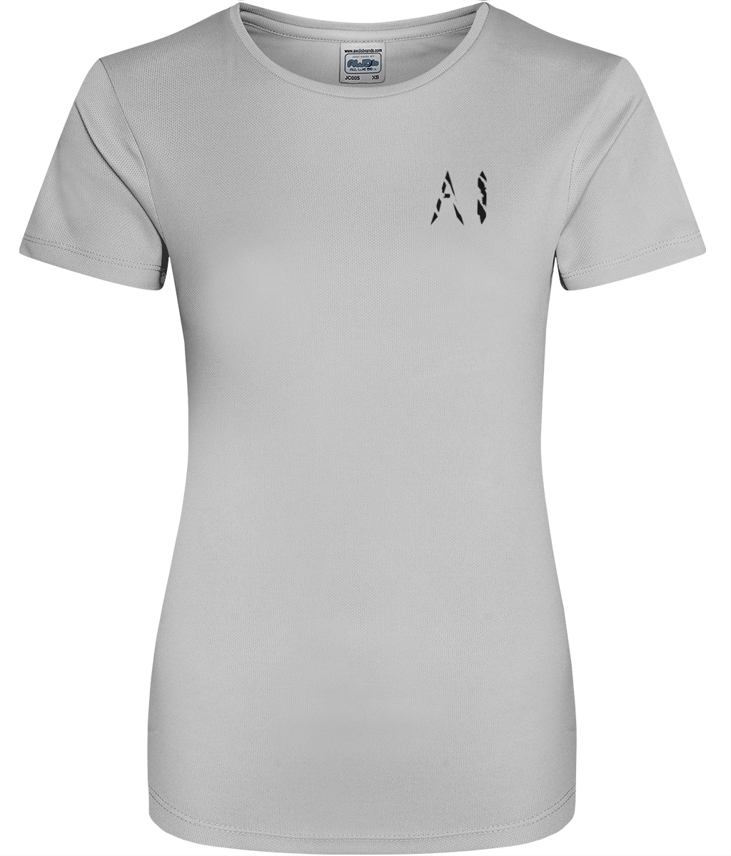Womens light grey Athletic Sports Shirt with black AI logo on left breast