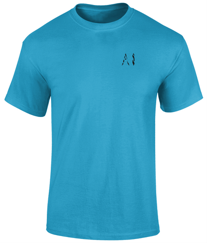 Mens cyan Heavy Cotton T-Shirt with black AI logo on the left chest
