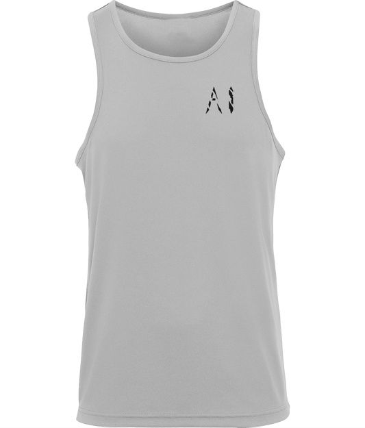 Mens light grey Workout Sports Vest with black AI logo written on the left chest