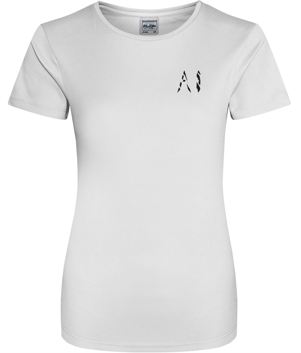 Womens White Athletic Sports Shirt with black AI logo on left breast