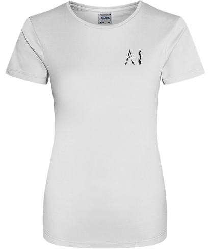 Womens White Athletic Sports Shirt with black AI logo on left breast